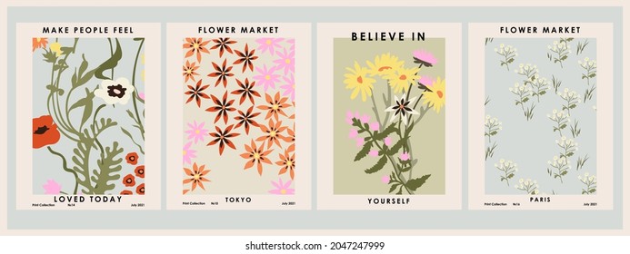 Botanical Poster Set Flowers And Branches. Modern Style, Pastel Colors