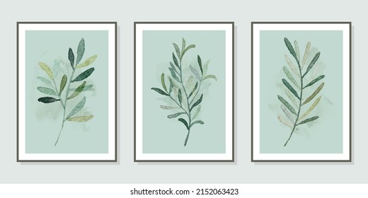 Botanical poster set for interior, wall decoration, banner, wallpaper. Collection of hand drawn leaves with watercolor texture, leaf branch.