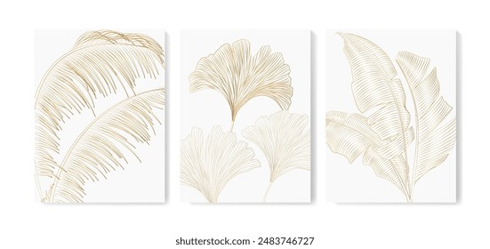 Botanical poster set with tropical leaves in golden line style. Vector hand drawn plant set for wallpaper, cover, print, textile, interior, invitations.