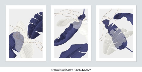 Botanical poster template design, purple and white banana leaves illustrations on grey