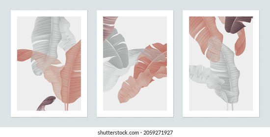 Diseño de plantillas de afiches botánicos, ilustraciones de hojas de plátano rojas y blancas en gris