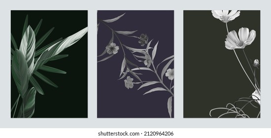 Botanical poster template design, various leaves and flowers on dark grey