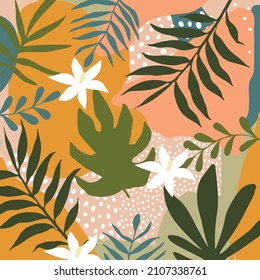 Botanical poster vector illustration. Foliage drawing with abstract shapes. Minimal and natural leaves ferns and flowers art print. Abstract plant design for background, wallpaper, card, wall art