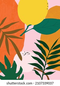 Botanical poster vector illustration. Foliage drawing with abstract shapes. Minimal and natural leaves art print. Abstract plant design for background, wallpaper, card, wall art