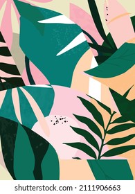 Ilustración vectorial de afiches botánicos. Dibujo de follaje con formas abstractas. Mínimo y natural, hojas, helechos y flores impreso en arte. Resumen de diseño de planta para fondo, fondo de pared, tarjeta, arte de pared