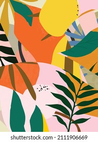 Botanical poster vector illustration. Foliage drawing with abstract shapes. Minimal and natural, leaves, ferns and flowers art print. Abstract plant design for background, wallpaper, card, wall art
