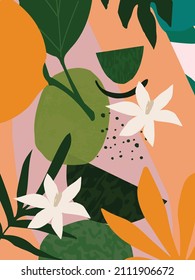 Ilustración vectorial de afiches botánicos. Dibujo de follaje con formas abstractas. Mínimo y natural, hojas, helechos y flores impreso en arte. Resumen de diseño de planta para fondo, fondo de pared, tarjeta, arte de pared