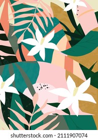 Ilustración vectorial de afiches botánicos. Dibujo de follaje con formas abstractas. Mínimo y natural, hojas, helechos y flores impreso en arte. Resumen de diseño de planta para fondo, fondo de pared, tarjeta, arte de pared