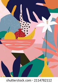 Botanical poster vector illustration. Foliage drawing with abstract shapes and fruit. Leaves, ferns and flowers art print. Abstract plant design for background, wallpaper, card, wall art