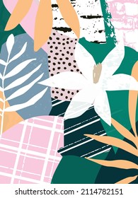 Botanical poster vector illustration. Foliage drawing with abstract shapes. Minimal and natural, leaves, ferns and flowers art print. Abstract plant design for background, wallpaper, card, wall art