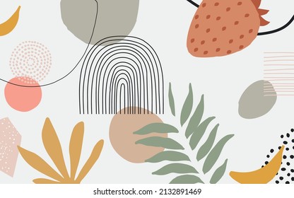 Botanical poster vector illustration. Foliage drawing with abstract shapes and fruit. Organic leaves and fruit art print. Abstract doodle elements design for background, wallpaper, card, wall art