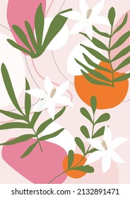 Botanical poster vector illustration. Foliage drawing with abstract shapes. Leaves, ferns and flowers art print. Abstract nature and plants design for background, wallpaper, card, wall art