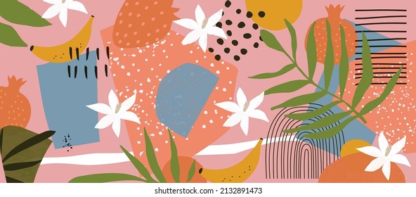 Botanical poster vector illustration. Foliage drawing with abstract shapes and fruit. Leaves, ferns and flowers art print. Abstract nature design for background, wallpaper, card, wall art