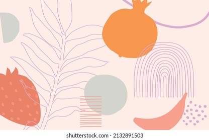 Botanical poster vector illustration. Foliage drawing with abstract shapes and fruit. Organic leaves and fruit art print. Abstract doodle elements design for background, wallpaper, card, wall art