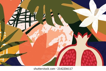 Ilustración vectorial de afiches botánicos. Dibujo de follaje con formas abstractas. Hojas, flores e impresión de arte granada. Diseño de collage de naturaleza abstracta para fondo, papel pintado, tarjeta, arte mural	