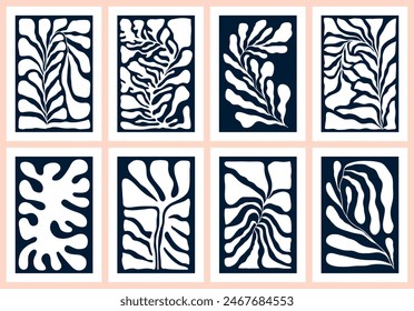 Botanical posters with abstract plants and organic shapes. Set of contemporary wall art. Floral flat vector illustrations of vertical artworks with naive elements. Boho art.