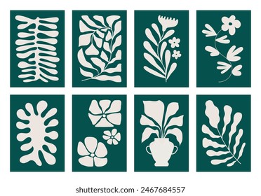 Botanical posters with abstract plants and organic shapes. Set of contemporary wall art. Floral flat vector illustrations of vertical artworks with naive elements. Boho art.