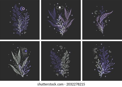 Botanical posters. Decorative symbolic herbs, butterflies and stars. Purple contour sketches, vector mythology set.