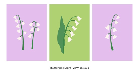 Botanical posters with lily of the valley flowers. Vector flat floral illustration. Spring greeting cards