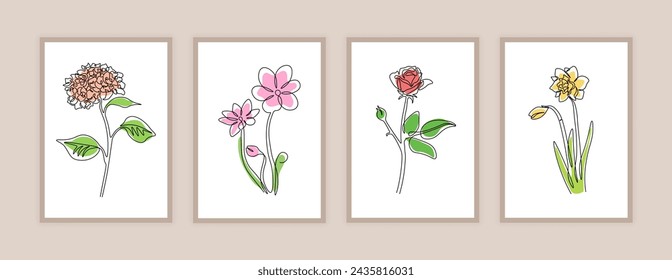 Botanical posters. One line colorful flowers. Outline iris and rose. Wall art minimal style, greeting card and postcard design. Spring and summer blossoms with leaves. Vector isolated illustration