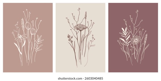 Botanical Posters set of hand drawn Wild field herbs, flowers, one line art Drawing Modern design for jewelry, tattoo, logo, packaging, organic cosmetic, nature Vintage theme, rustic print earth tone 