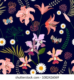 Botanical print with blooming lilies, orchids and chamomiles. Seamless vector pattern with tropical plants.  Trendy design with oriental art motifs. On black background.