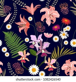 Botanical print with blooming lilies, orchids and chamomiles. Seamless vector pattern with tropical plants.  Trendy design with oriental art motifs. On dark background.