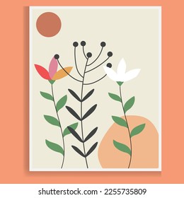 Botanical print boho minimalist printable wall art, line art, abstract home décor floral print bohemian artwork, vector.