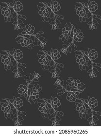 impresión botánica de ramas florales en blanco y negro. patrón sin costuras aislado en el fondo negro. concepto de arte floral dibujado a mano para tarjetas de invitación o plantillas