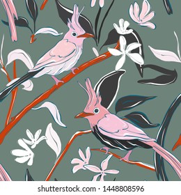 Botanical print with navy parrot and exotic leaves. Tropical birds pardise  pattern. Flowers and leaves foliage texture. Hawaiian green red background. Colorful summer art