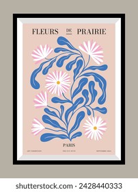 Botanical print poster design template in a frame. Hand drawn minimal design for wallpaper, wall decor, print, postcard, cover, template, banner.