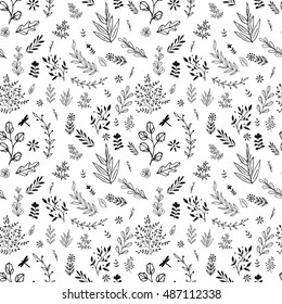 Botanical print. Seamless pattern with elements of natural plants and flowers. Black and white vector illustration.