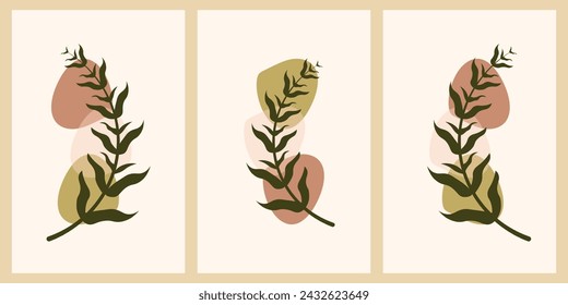 Botanical print set wall art, Tropical leaves and floral pattern minimal design for home wall art, social media post template, Vector illustration