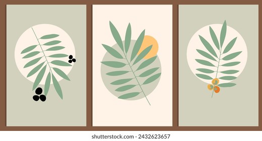 Botanische Druckset Wandkunst, Tropische Blätter und Blumenmuster minimales Design für Hauswand-Kunst, Social Media Post-Vorlage, Vektor-Illustration