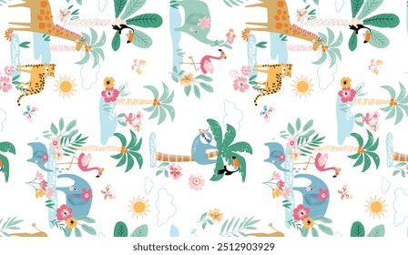 Botanical print with white orchids, lilies and chamomiles. Seamless vector pattern with tropical plants on beige background. Trendy design with oriental art motifs