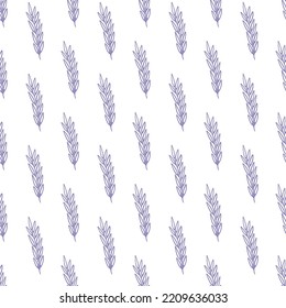 Patrón inoxidable de hierbas púrpuras botánicas aisladas sobre fondo blanco. Papel tapizado de tela decorativa de tela textil de la impresión vintage de la hoja de primavera de las flores de lavanda de las flores de la renglón del jardín de la renglón. 
