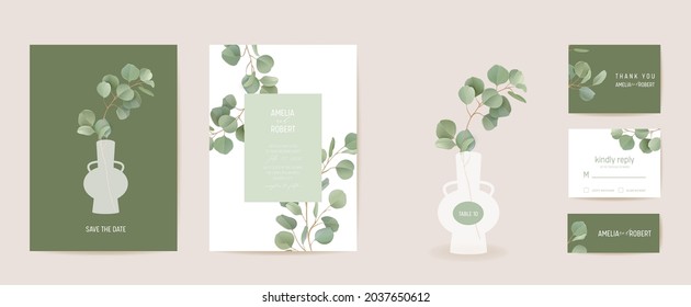 Botanical realistic wedding invitation card template design, tropical leaves greenery frame set. Eucalyptus green leaf branches watercolor vector. Save the Date modern poster, luxury background