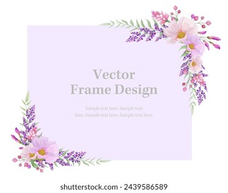 Botanical rectangle frame and border of spring flower and leaf. Pink and purple wild flowers vector illustration. 