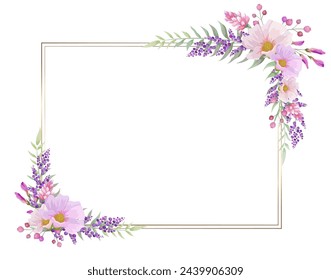 Marco de rectángulo botánico y borde de flor y hoja de primavera. Ilustración de vector de flores silvestres rosas y moradas. 