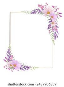 Botanical rectangle frame and border of spring flower and leaf. Pink and purple wild flowers vector illustration. 