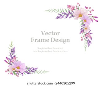 Botanical rectangle frame and border of spring flower and leaf. Pink and purple wild flowers vector illustration. 