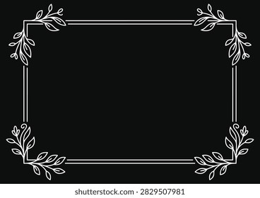 Botanical rectangular border with delicate leafy branches extending from each corner, balanced double-line structure and generous copy space, ideal for wedding invitations, menus, stationery, labels and natural branding.