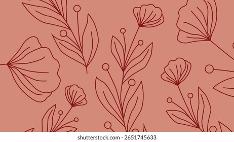 Flores e caules de linha vermelha botânica sobre fundo de coral, criando um visual natural harmonioso com influência retro.