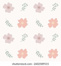 Botanical repeat ornament with simple cartoon flowers, leaves and branches. Floral summer wallpaper. Texture for textile with tender plants. Vector seamless pattern in a flat style.