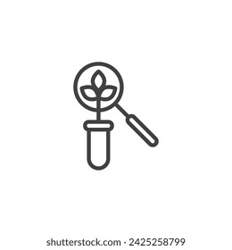 Botanical research line icon. linear style sign for mobile concept and web design. Test tube with plant and magnifying glass outline vector icon. Symbol, logo illustration. Vector graphics