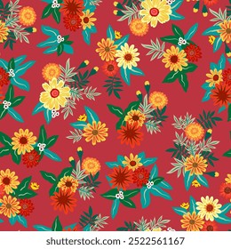 Botanical retro floral pattern. Seamless vector design in bright fall colors. Autumn flowers in orange, yellow, red create colorful print for fashion textile and home decor