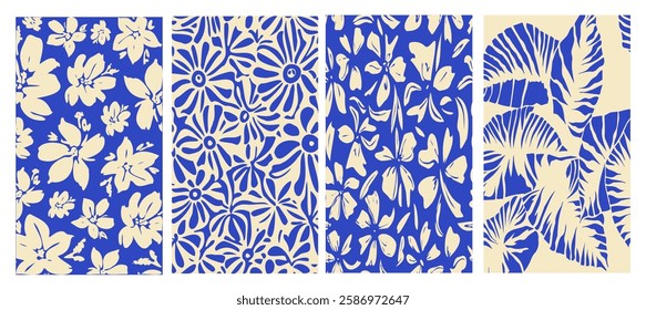 Botanical Rhapsody, A Harmonious Blend of Floral and Foliage Patterns in Cobalt and Cream Depicting a Lively and Artistic Visual Symphony