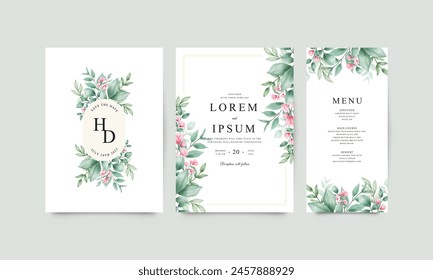 Botanical Romance, Green Leaf and Red Flower Wedding Invitation