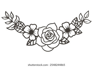 Guirnalda de rosa botánica en arte de línea, elegante borde floral con rosas. Ilustración vectorial en blanco y negro.