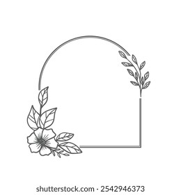 Botanical round arch frame with hand drawn flower and leaves